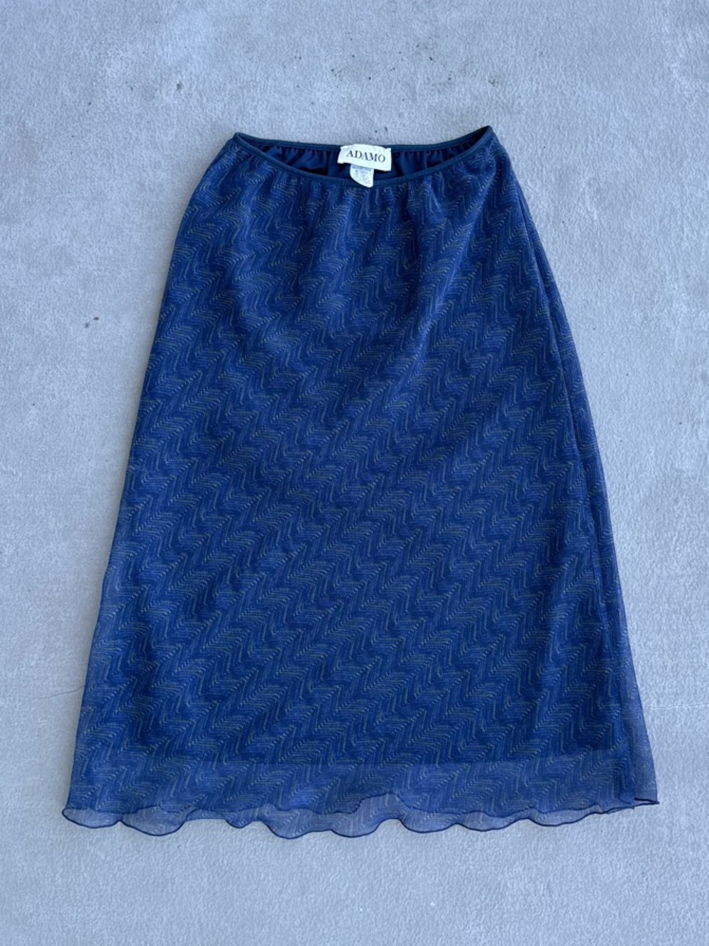 Adamo Vintage Made in the USA Navy Chevron Mesh Midi Skirt